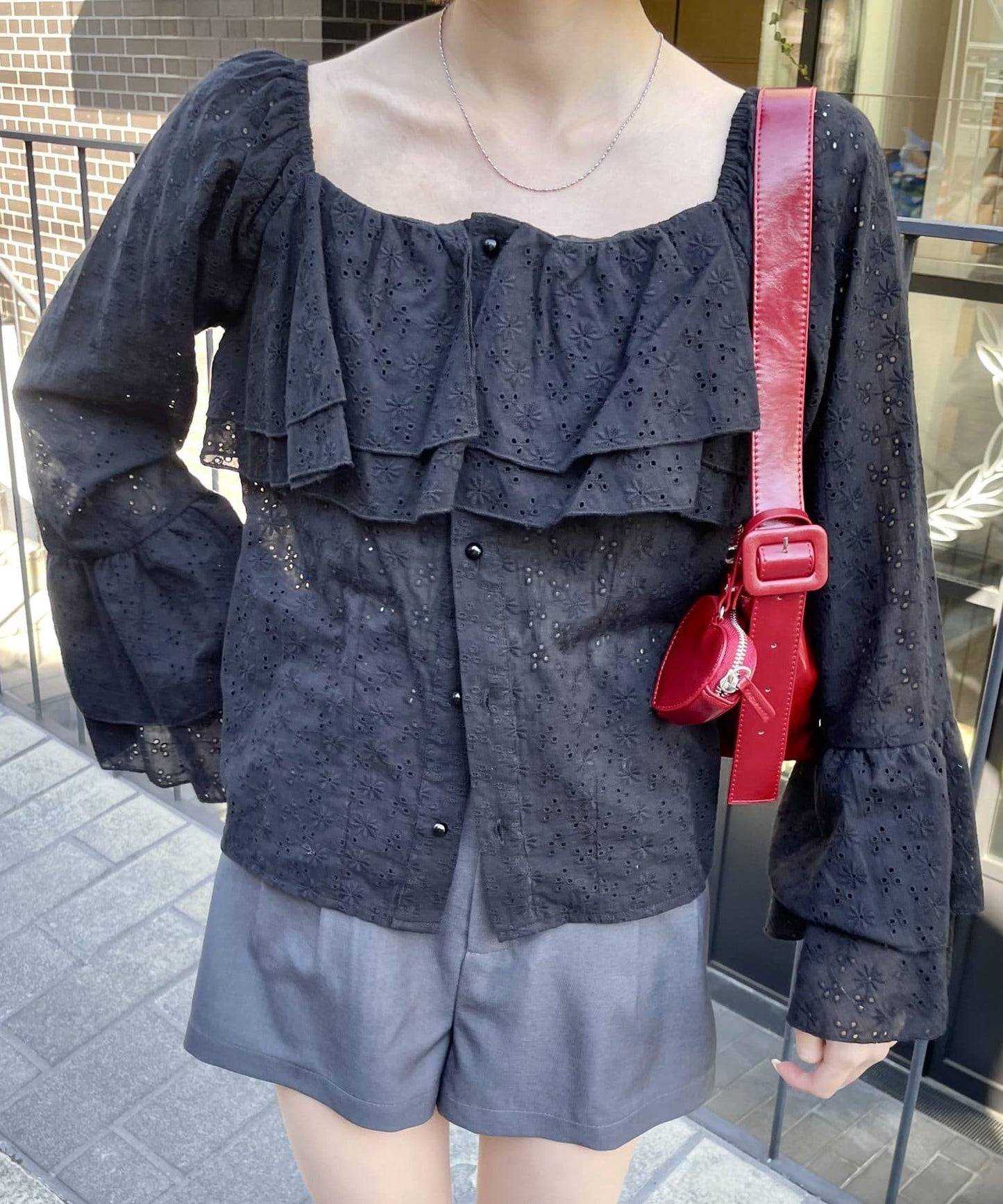 棉質蕾絲荷葉邊襯衫