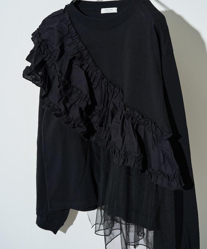 褶邊蕾絲拼接長袖T恤