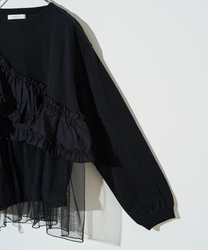 褶邊蕾絲拼接長袖T恤