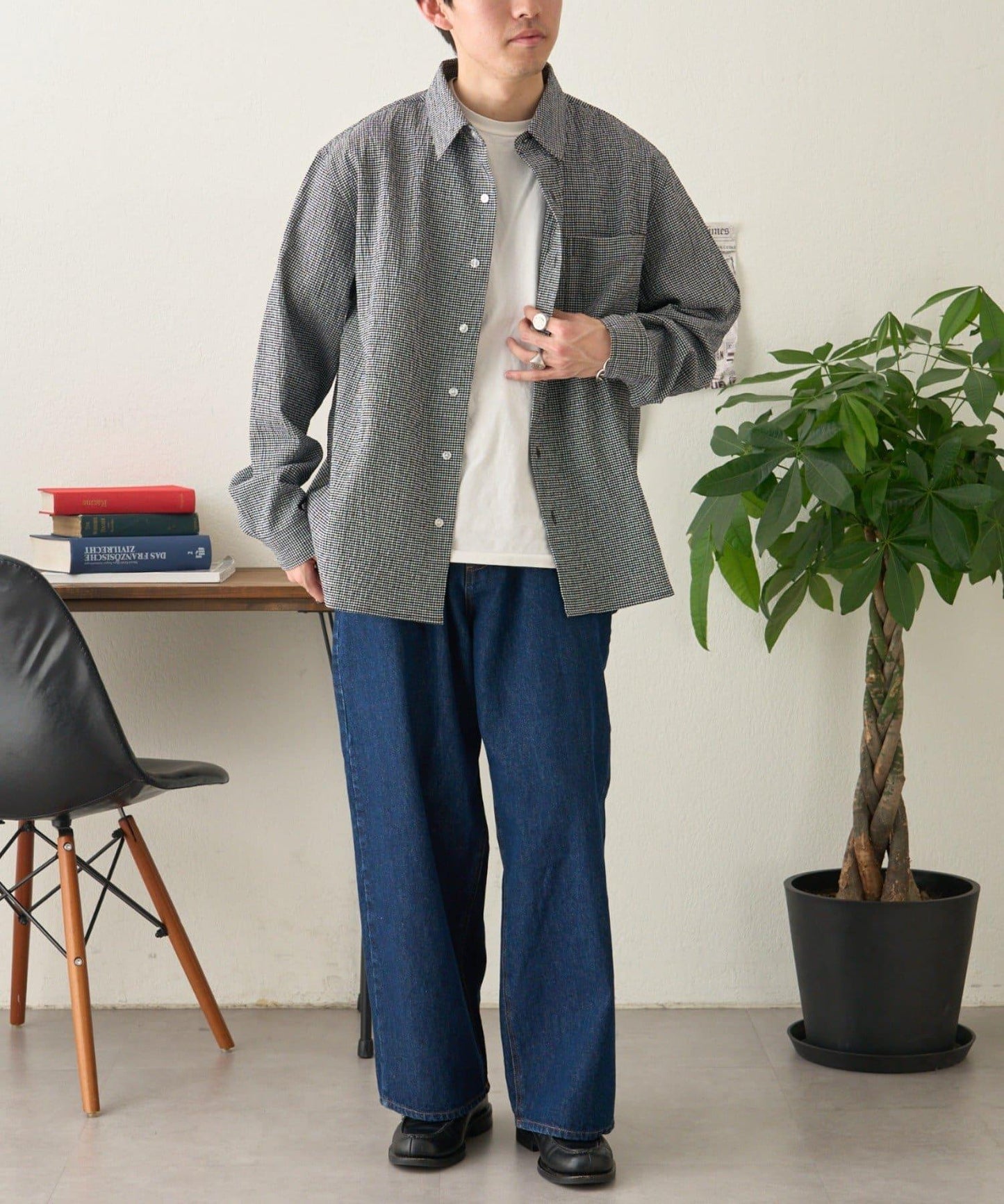 【男女通用】寬鬆剪裁透視足球格紋襯衫