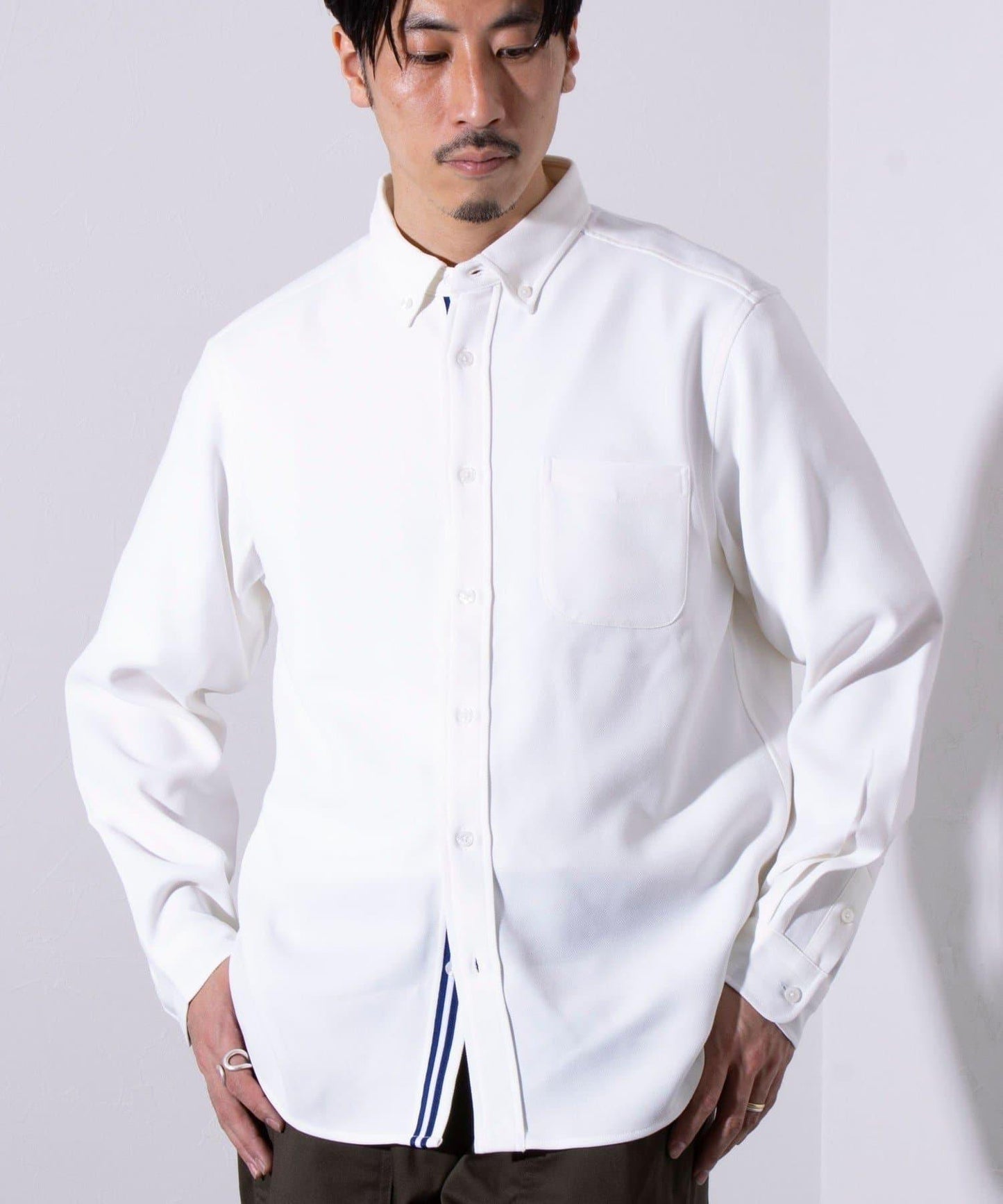 【GLOSTER/格洛斯特】針織條紋 鹿皮紋 領釦襯衫