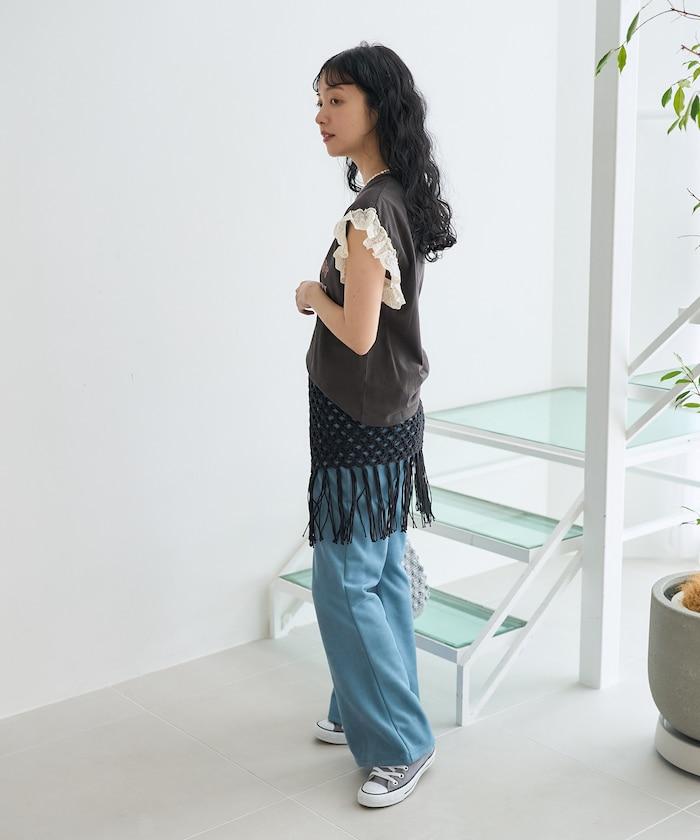 袖蕾絲拼接logo印花T恤