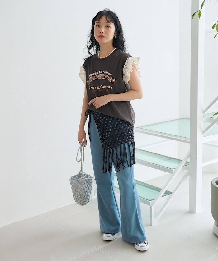 袖蕾絲拼接logo印花T恤