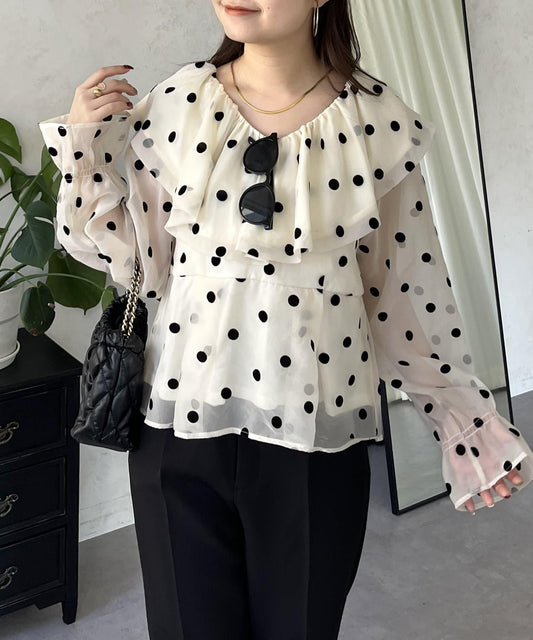 氣球袖荷葉領絲絨圓點荷葉邊修身上衣