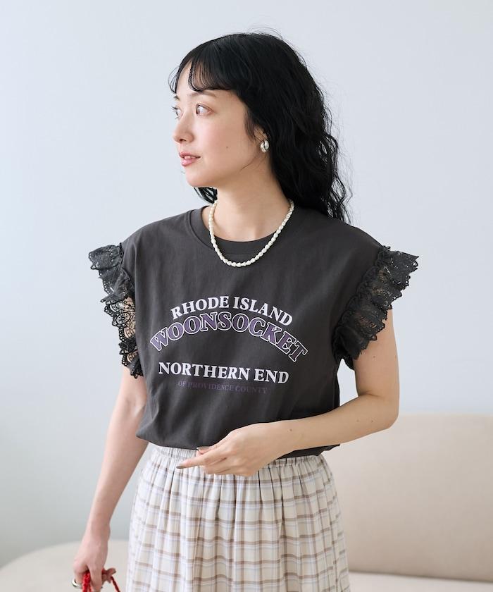 袖蕾絲拼接logo印花T恤