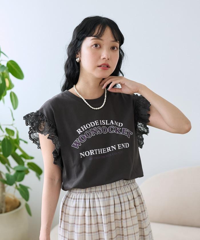 袖蕾絲拼接logo印花T恤