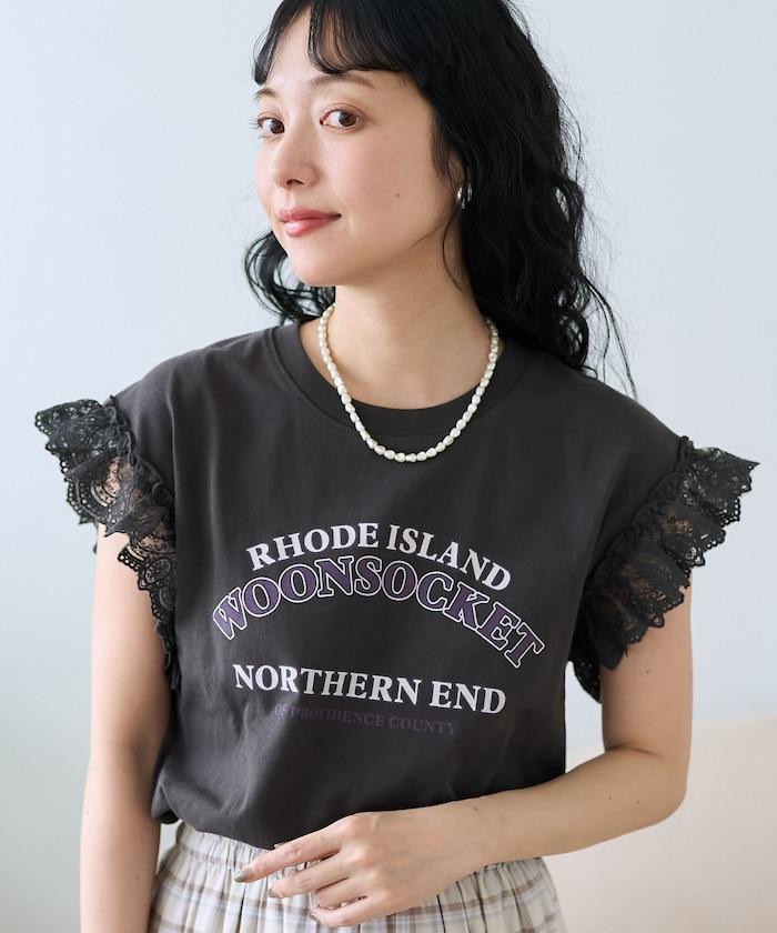 袖蕾絲拼接logo印花T恤