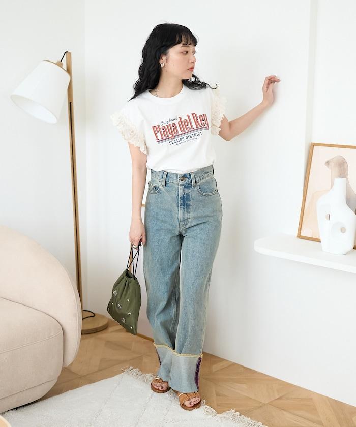 袖蕾絲拼接logo印花T恤