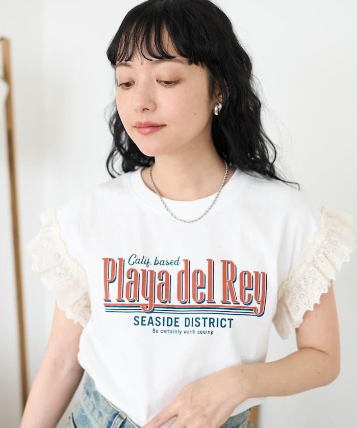 袖蕾絲拼接logo印花T恤