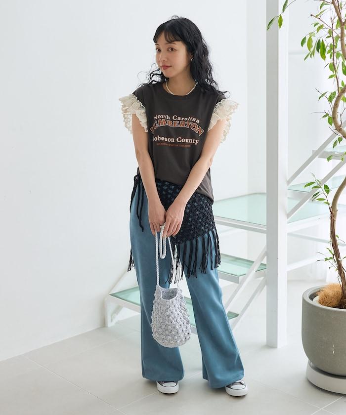 袖蕾絲拼接logo印花T恤