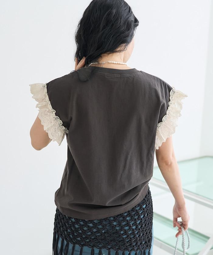 袖蕾絲拼接logo印花T恤
