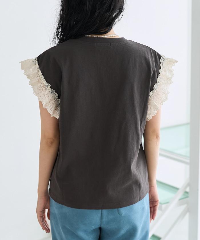 袖蕾絲拼接logo印花T恤