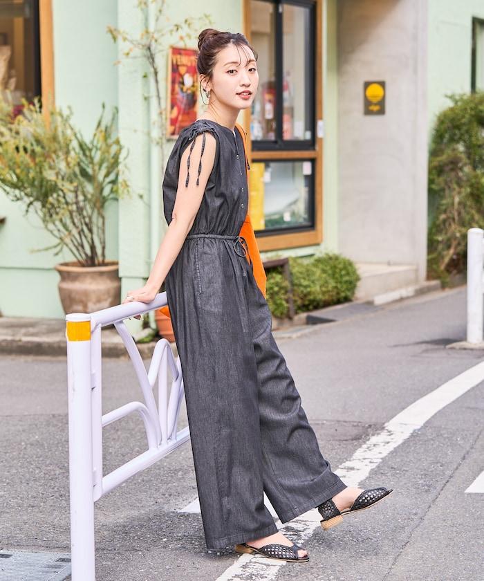 人造纖維牛仔布袖帶連體褲