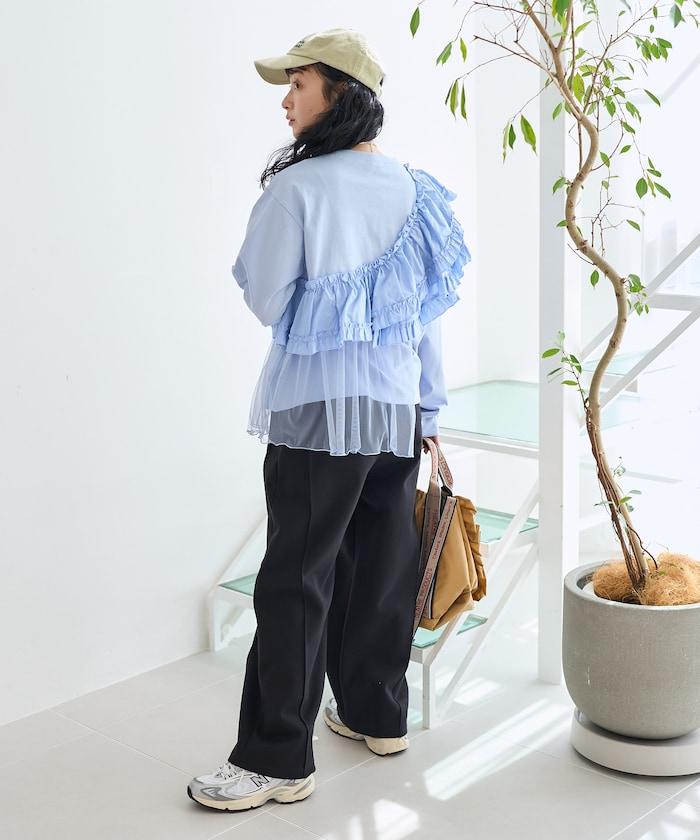 褶邊蕾絲拼接長袖T恤