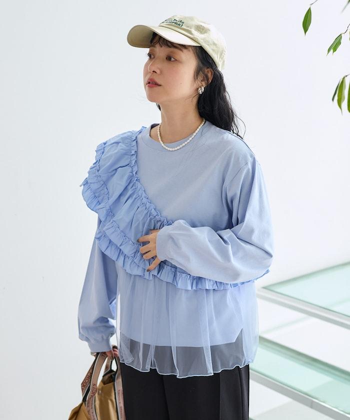 褶邊蕾絲拼接長袖T恤