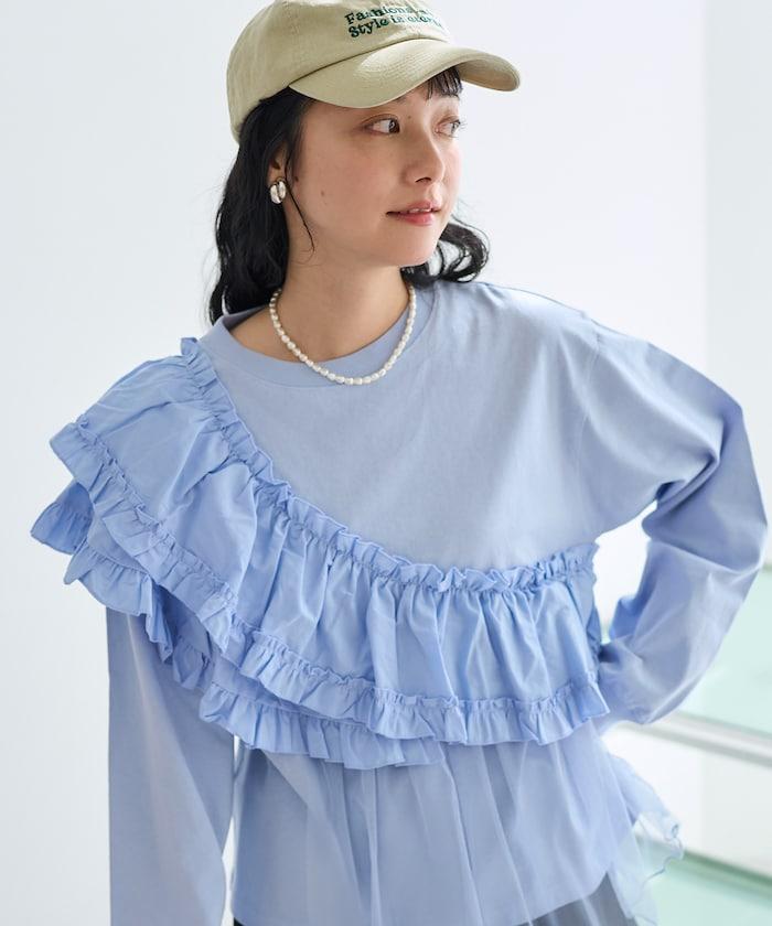 褶邊蕾絲拼接長袖T恤