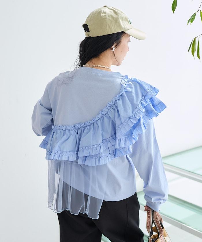 褶邊蕾絲拼接長袖T恤