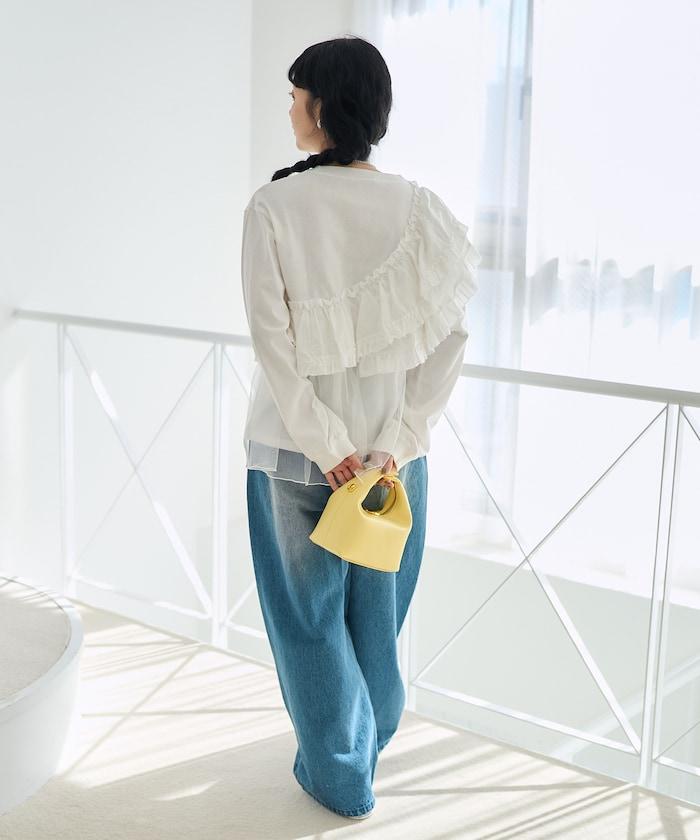 褶邊蕾絲拼接長袖T恤