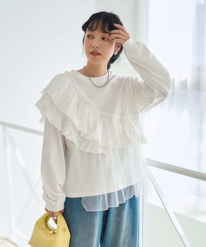 褶邊蕾絲拼接長袖T恤