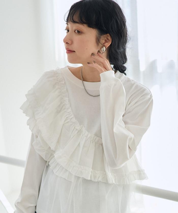 褶邊蕾絲拼接長袖T恤