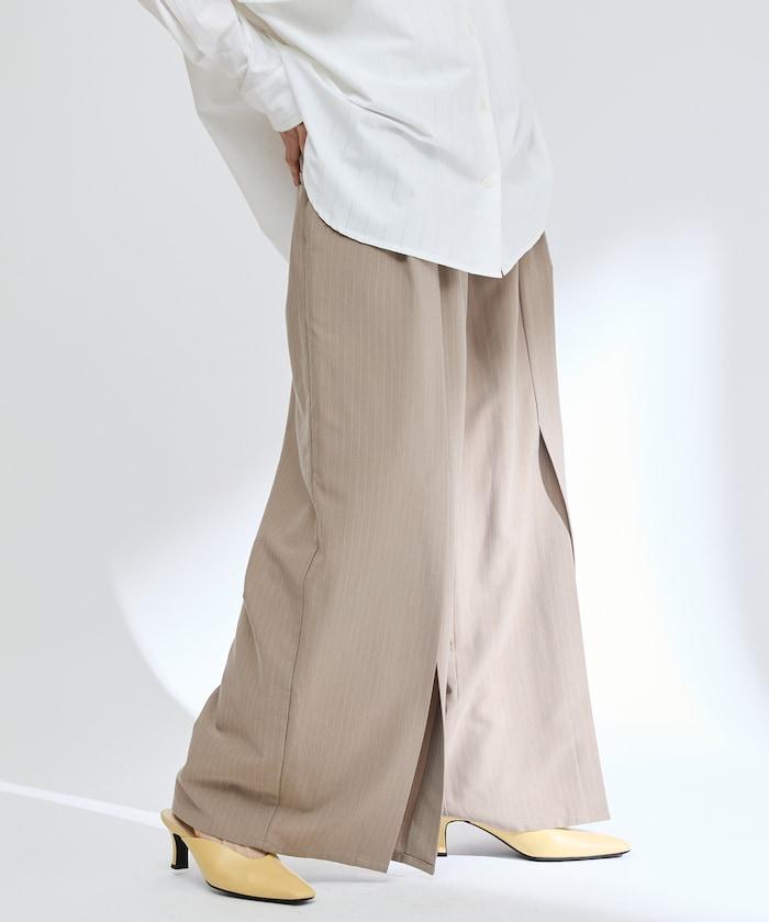 蕾絲×條紋 分裂寬鬆褲