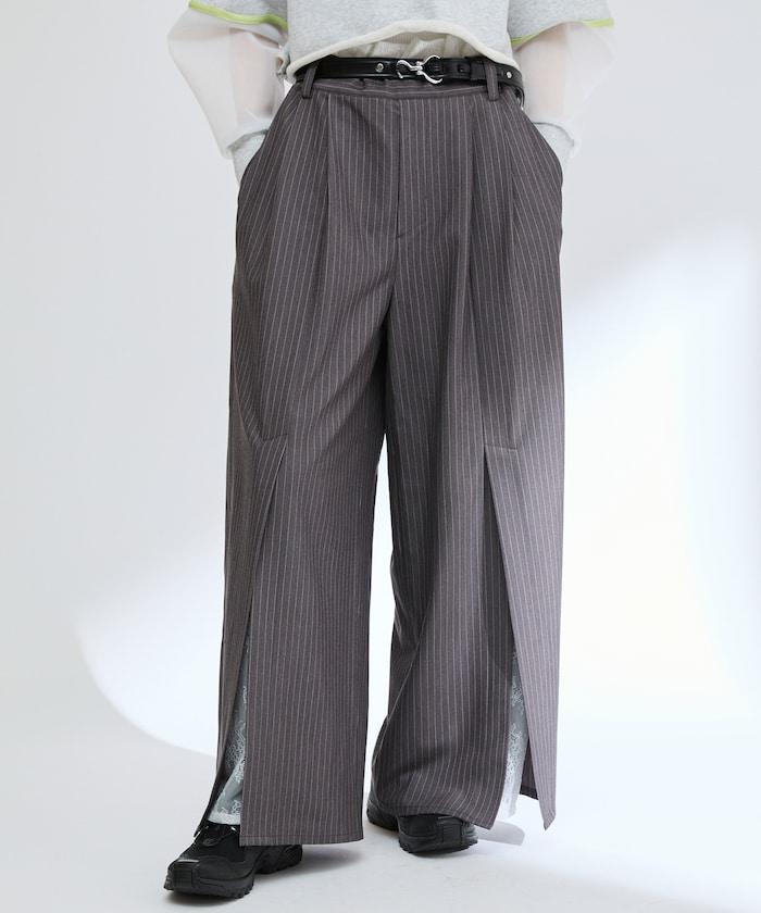 蕾絲×條紋 分裂寬鬆褲