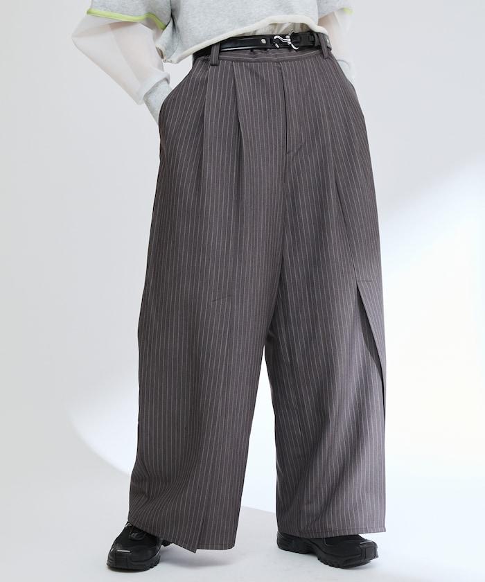 蕾絲×條紋 分裂寬鬆褲