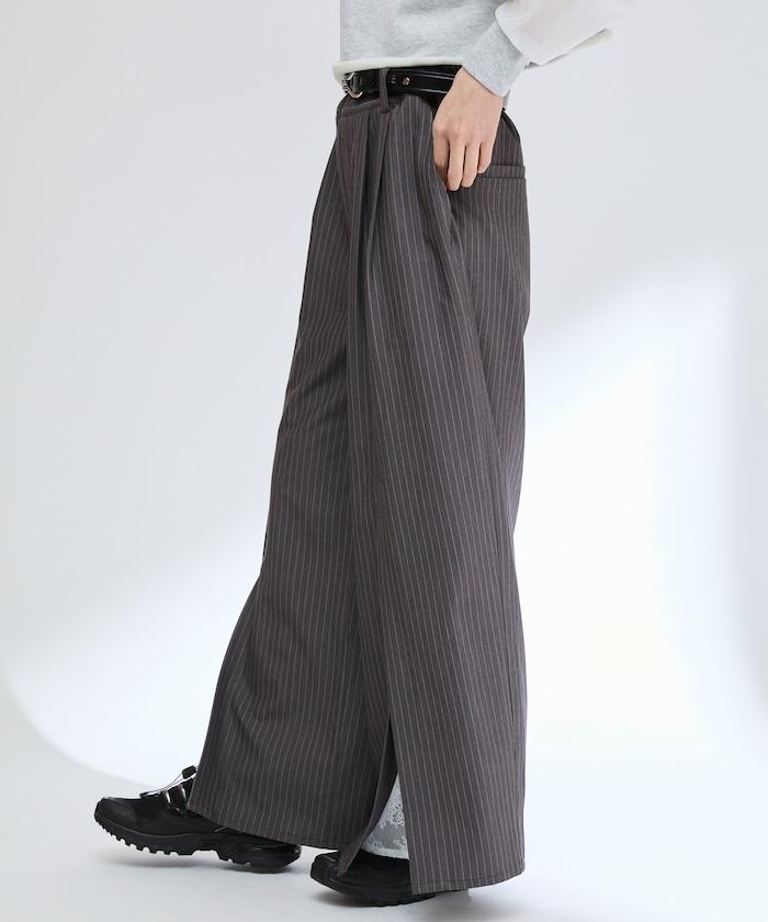 蕾絲×條紋 分裂寬鬆褲