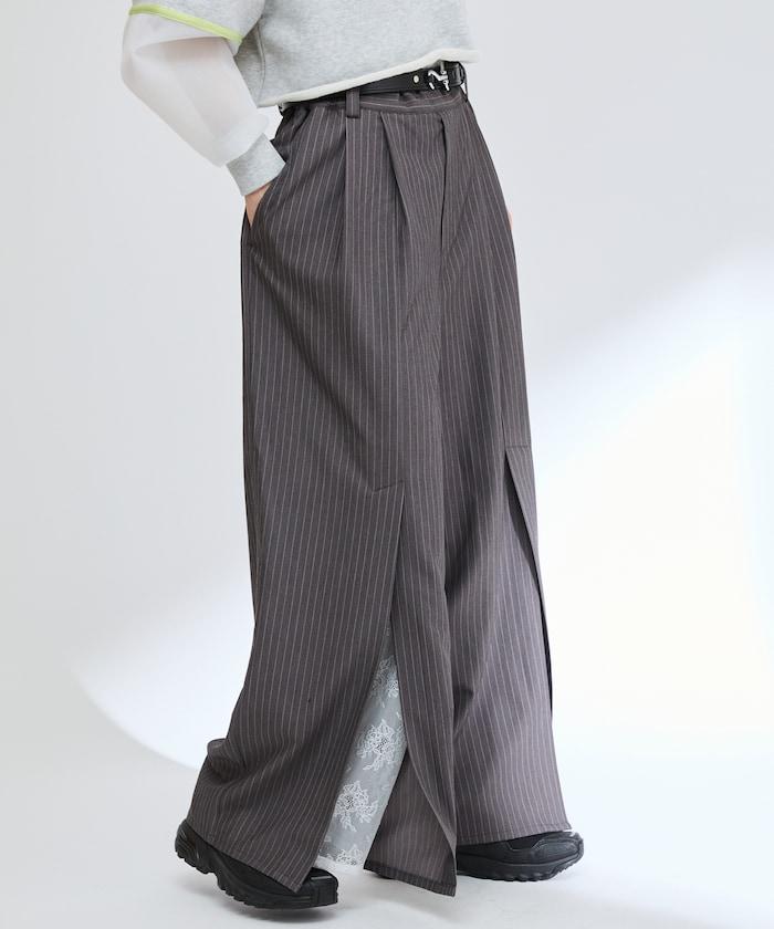 蕾絲×條紋 分裂寬鬆褲