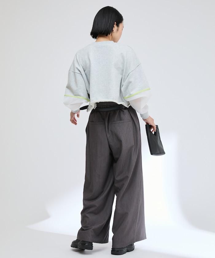 蕾絲×條紋 分裂寬鬆褲