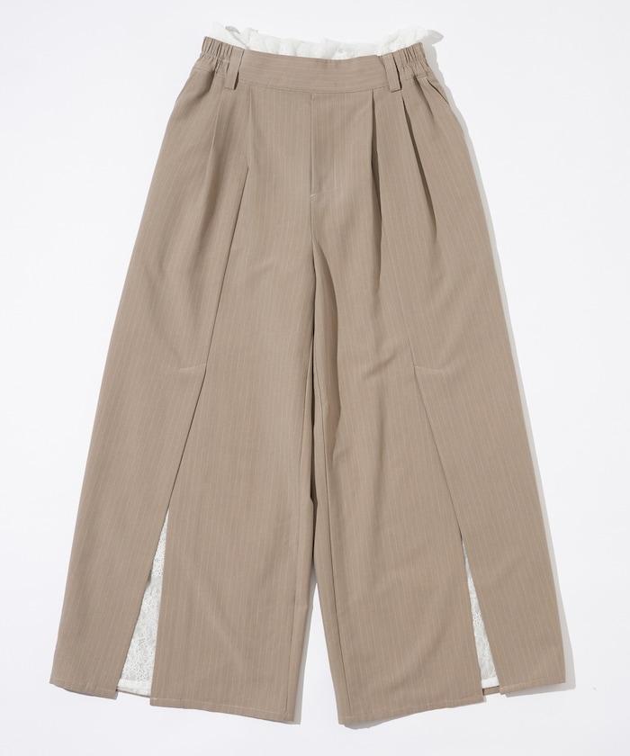 蕾絲×條紋 分裂寬鬆褲