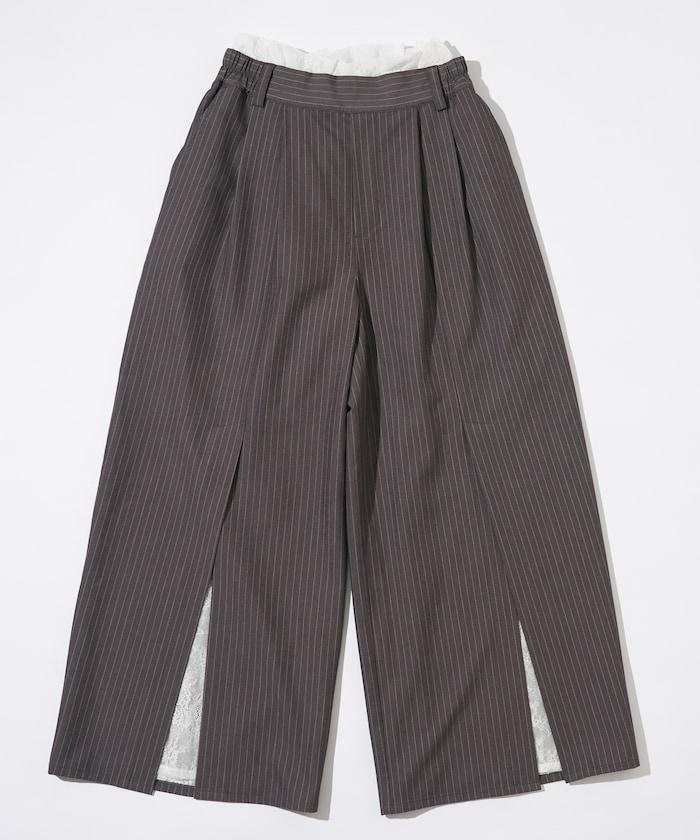 蕾絲×條紋 分裂寬鬆褲