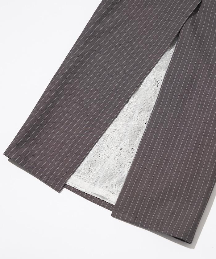 蕾絲×條紋 分裂寬鬆褲