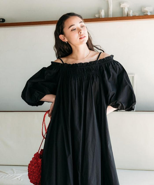 印度 5分袖2WAY露肩連衣裙/露肩