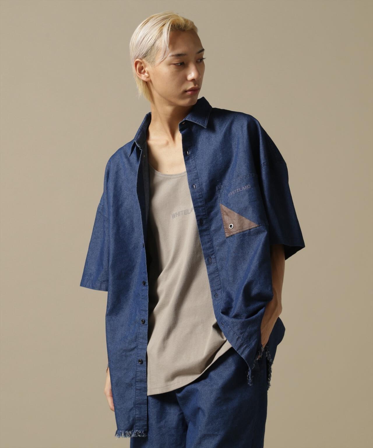 【&DEPOT限定】白色土地/貓頭鷹/牛仔短袖襯衫