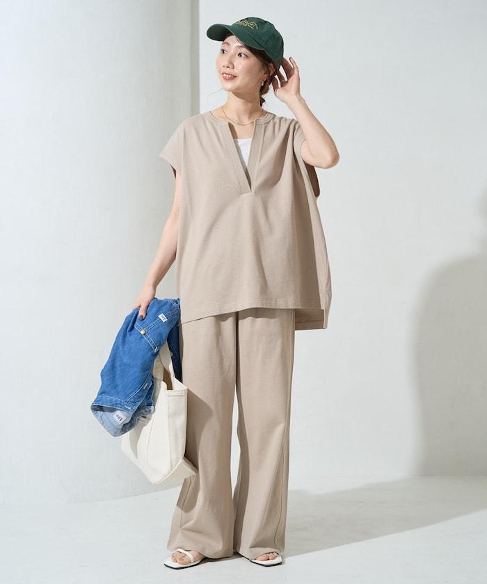 V領法式短袖褲裝套裝(T恤衫·休閒褲)