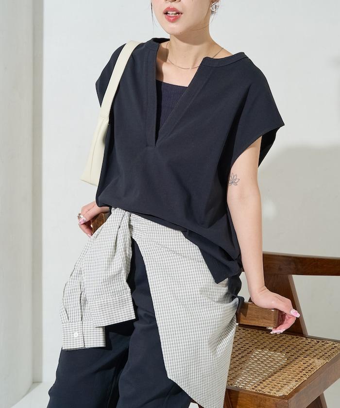 V領法式短袖褲裝套裝(T恤衫·休閒褲)