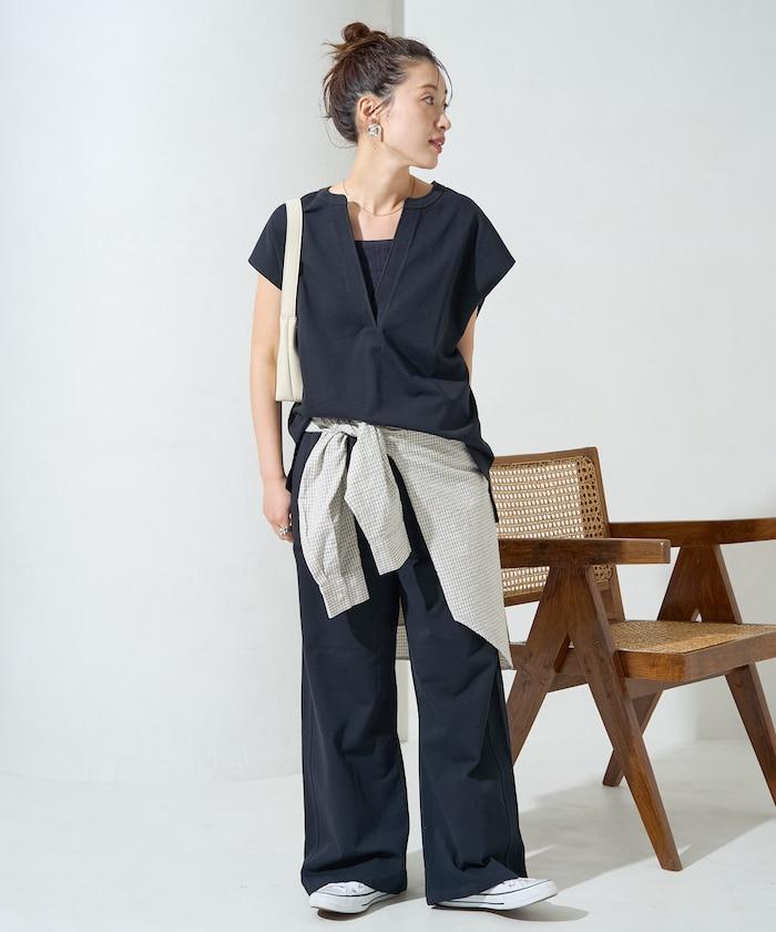 V領法式短袖褲裝套裝(T恤衫·休閒褲)