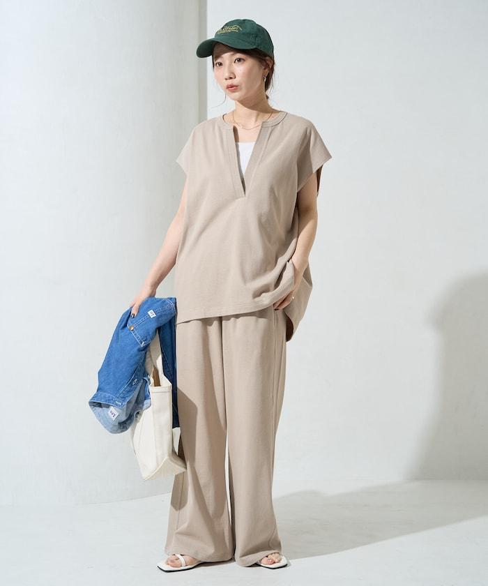 V領法式短袖褲裝套裝(T恤衫·休閒褲)