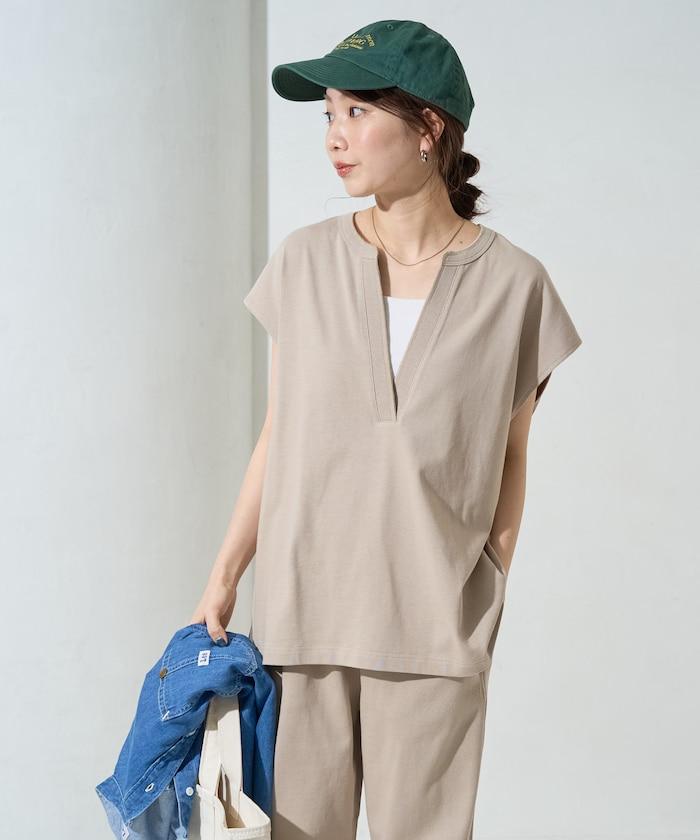 V領法式短袖褲裝套裝(T恤衫·休閒褲)