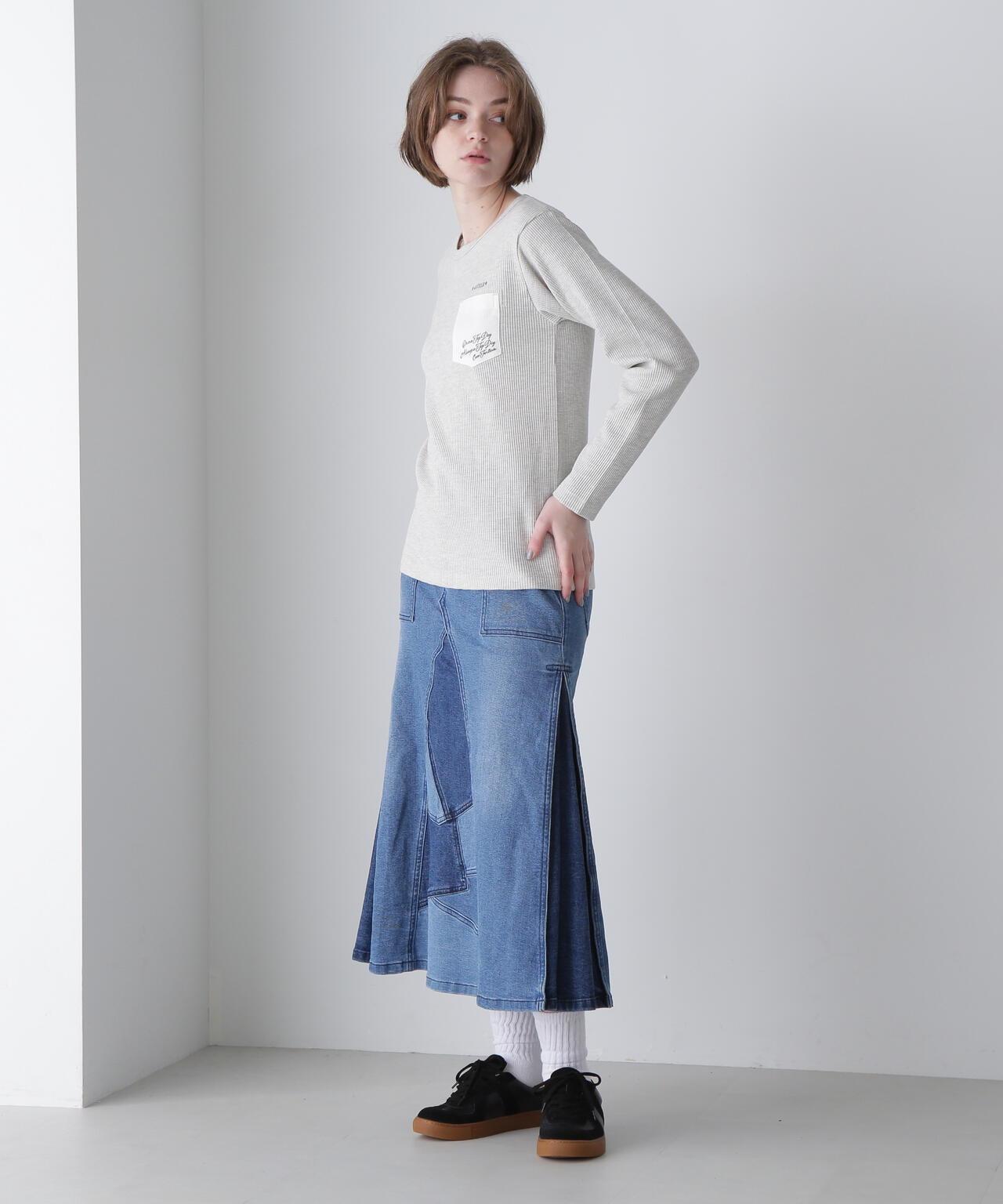 LS COLOR STITCH EMB WAFFLE T-SHIRT/彩色拼接刺繡格子T恤