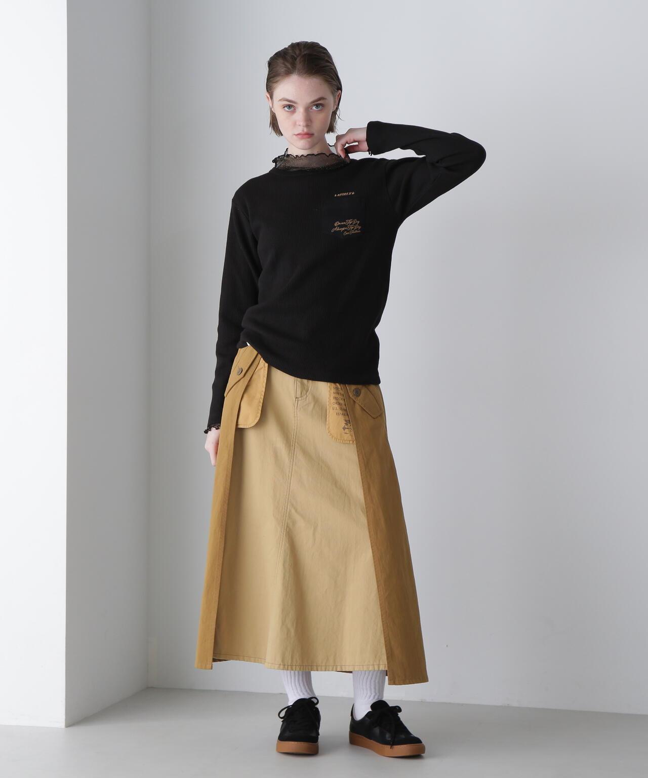 LS COLOR STITCH EMB WAFFLE T-SHIRT/彩色拼接刺繡格子T恤
