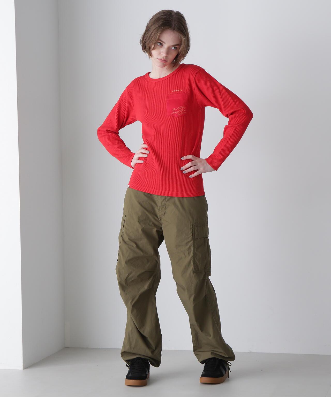 LS COLOR STITCH EMB WAFFLE T-SHIRT/彩色拼接刺繡格子T恤