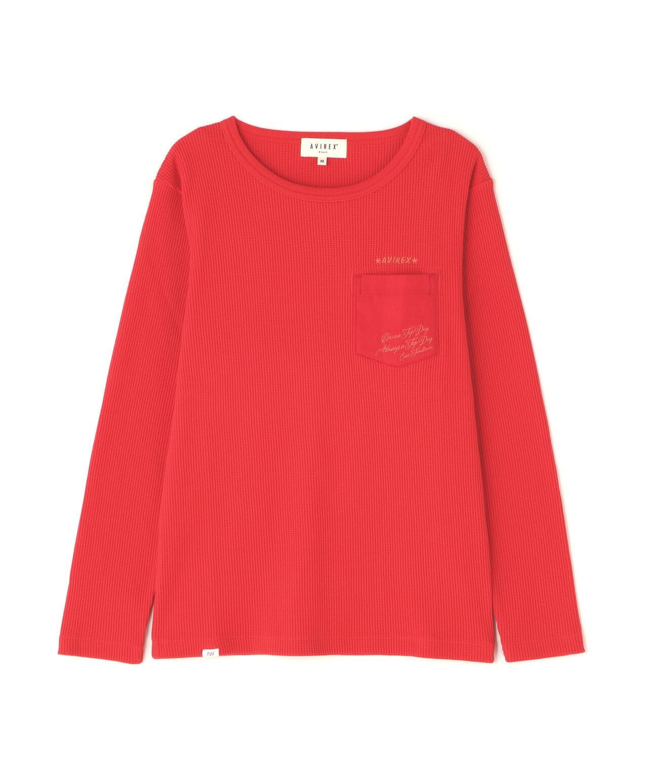 LS COLOR STITCH EMB WAFFLE T-SHIRT/彩色拼接刺繡格子T恤