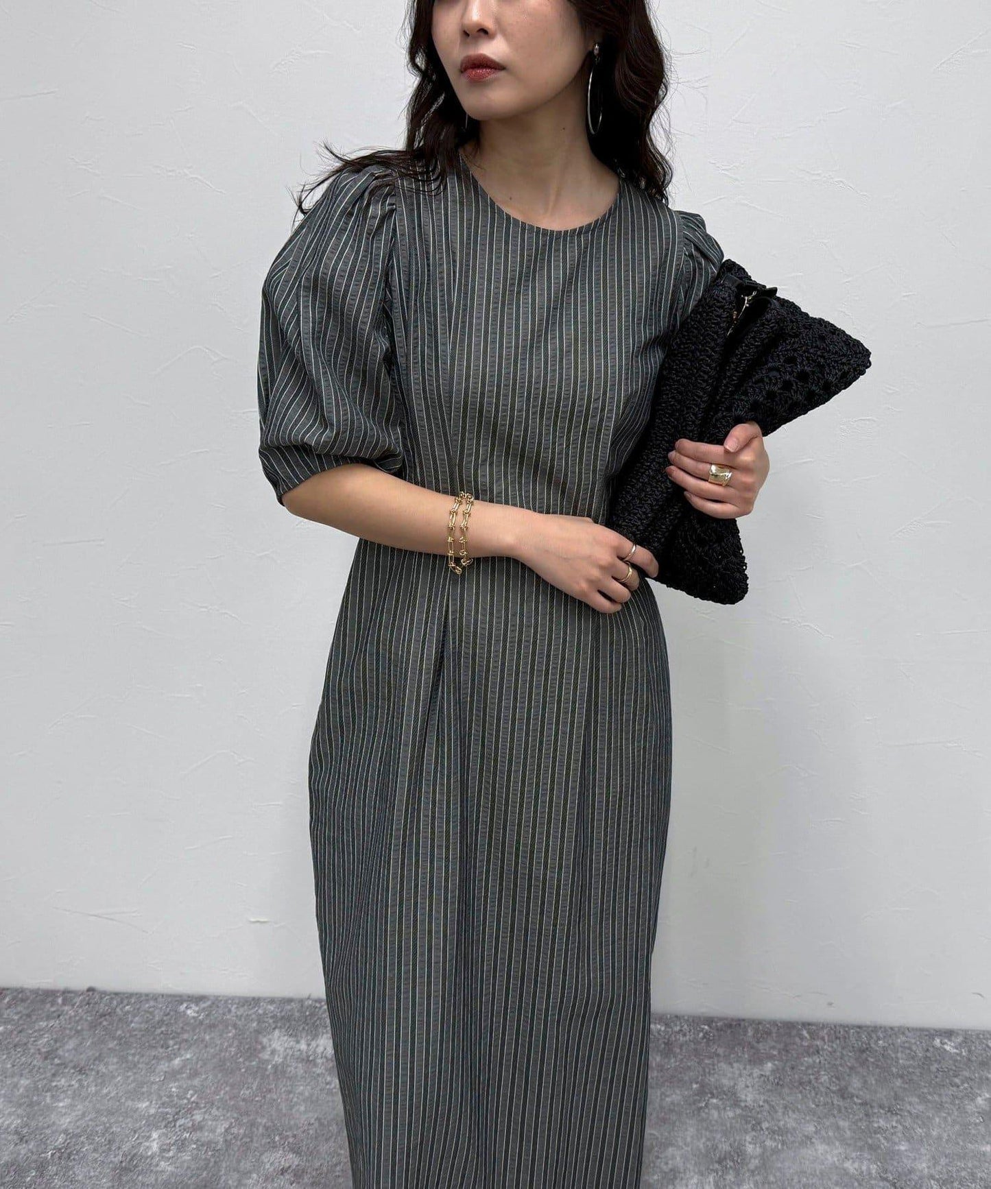 棉質波紋高腰修身連衣裙