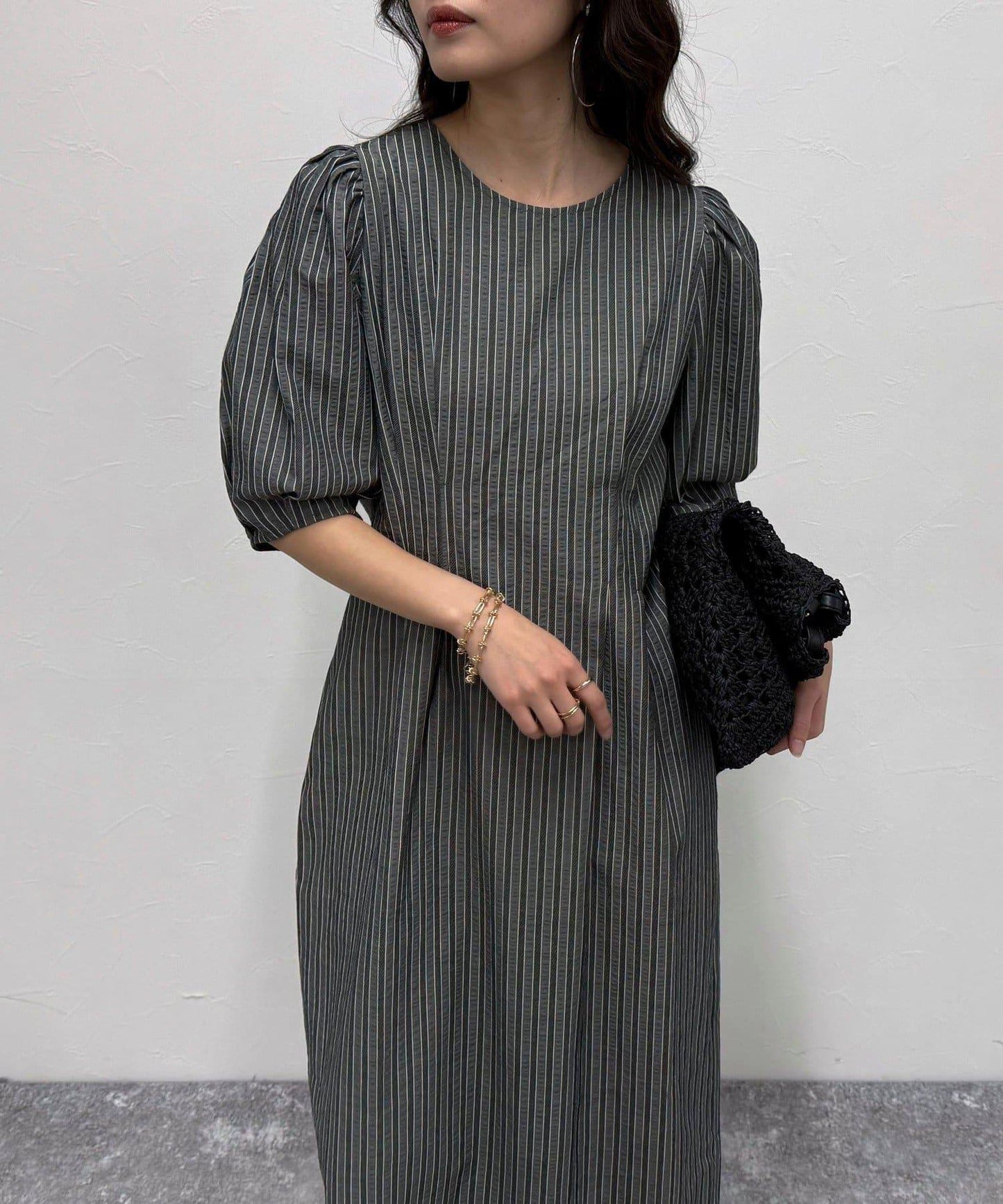 棉質波紋高腰修身連衣裙