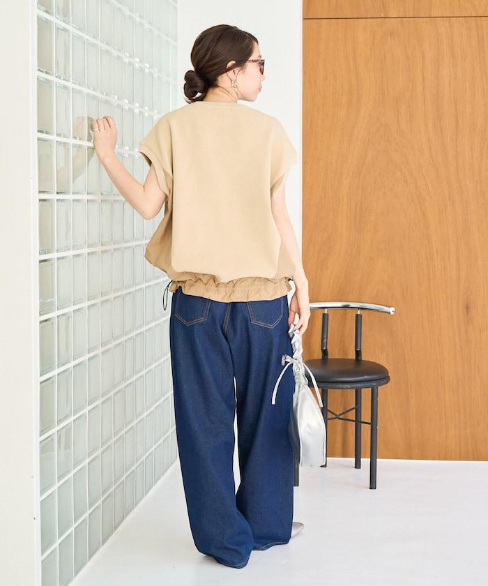 布料 拼接 針織 無袖 帶束腰 套頭衫
