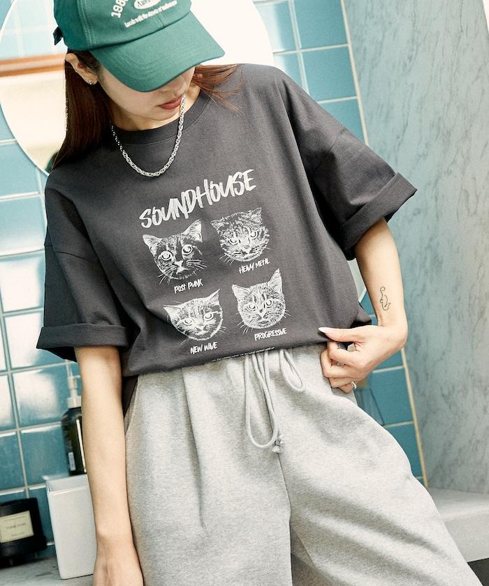 "SOUNDHOUSE" 4只貓 動物印花T恤