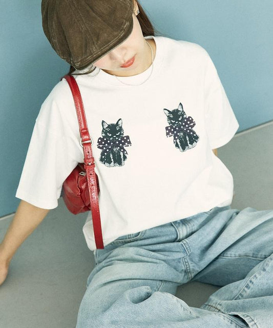 絨面絲帶貓咪印花T恤 限量