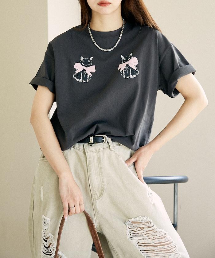 絨面絲帶貓咪印花T恤 限量